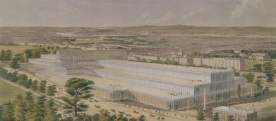 Aeronautic view of the Palace of Industry for all Nations, from Kensington Gardens, engraved by the artist, pub. 1851 by Charles Burton